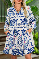Blue Ethnic Print Pop of Color Neckline Long Sleeve Dress
